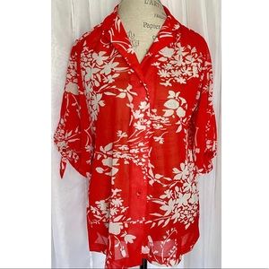 🌹SOLD🌹Vintage 70s TEDDI Red/White Floral Print Blouse Size: 18- Modern L XL